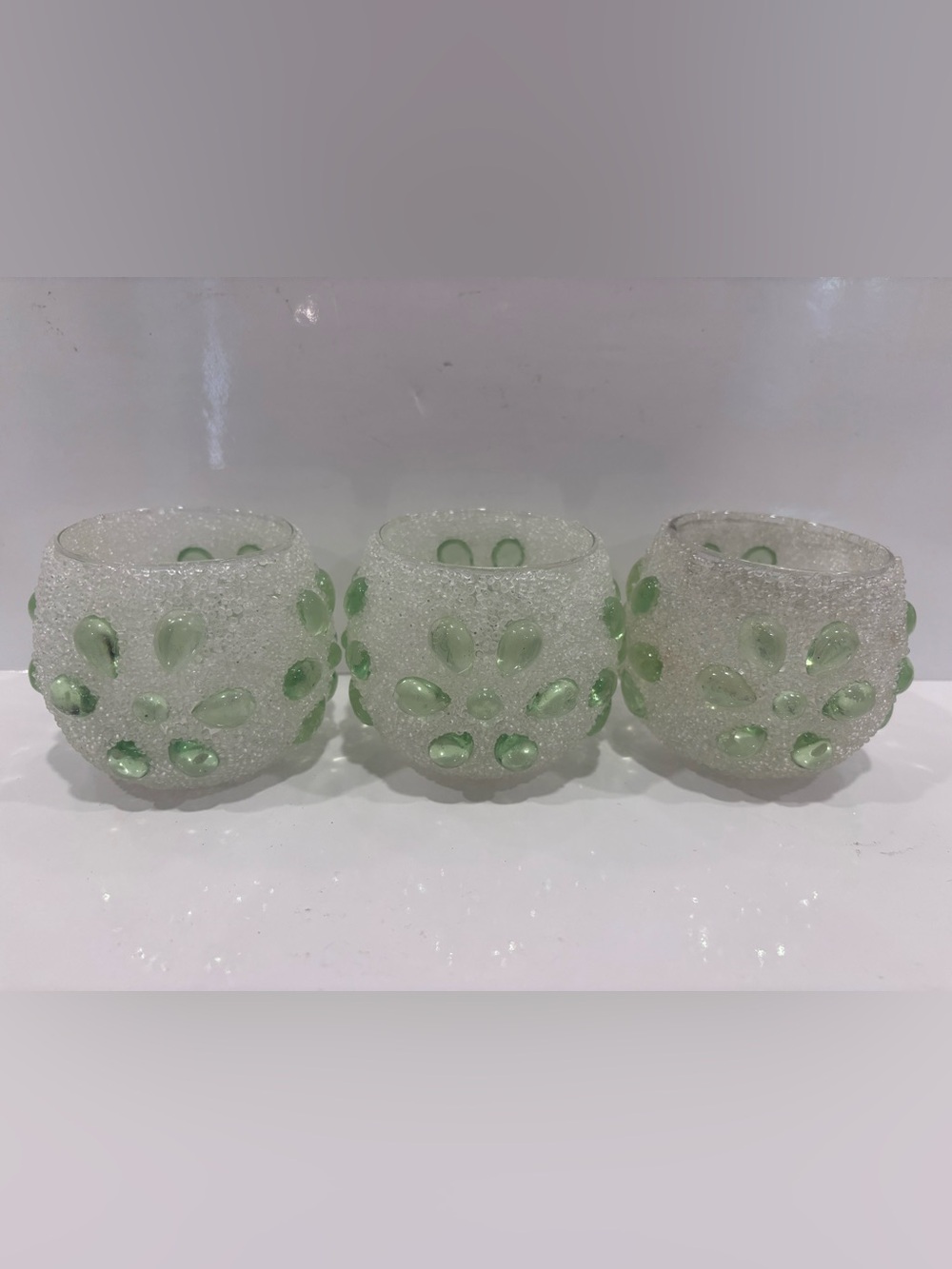 Set of 3 handblown art glass frosted green bubble votive candle holders